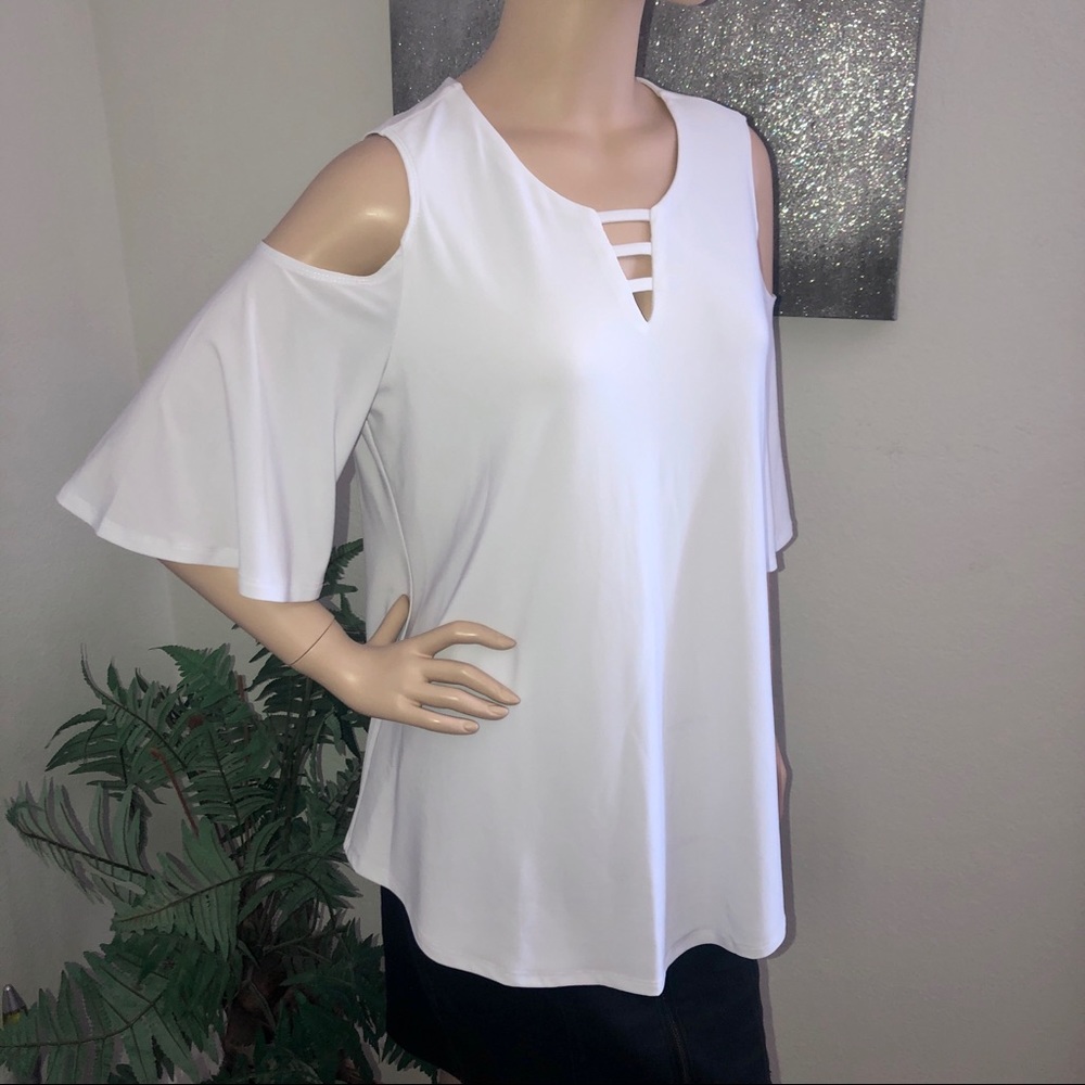 Joseph Ribkoff White Cold Shoulder Tunic Style Top